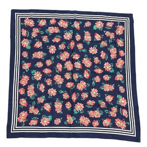 Vintage Sarah Coventry Floral Silk Scarf Navy Blue Coral Green Botanical Print H